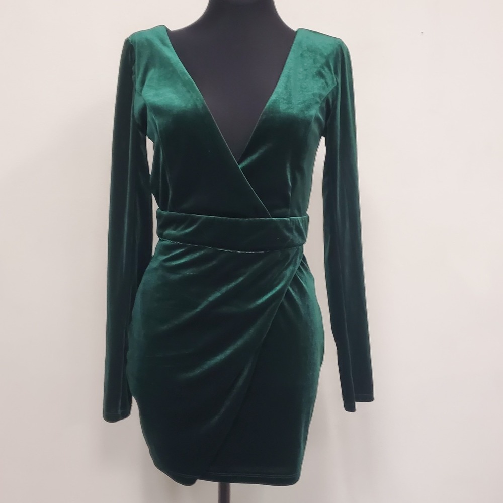Superdown‎ Womens Velvet Plunge Babydoll Long Sleeve Mini Dress Size XS Green